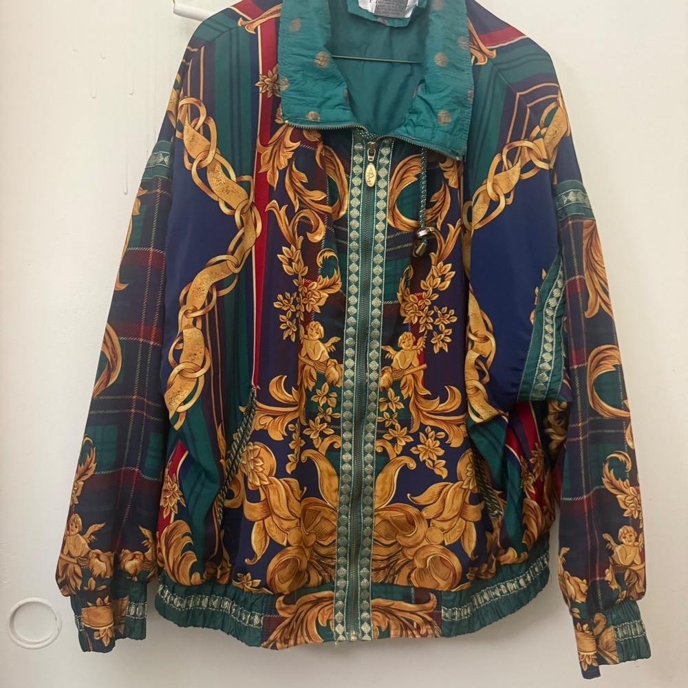 Adrianna Papell Vintage Baroque Cherub Plaid Tracksuit Set XL Teal Gold Retro